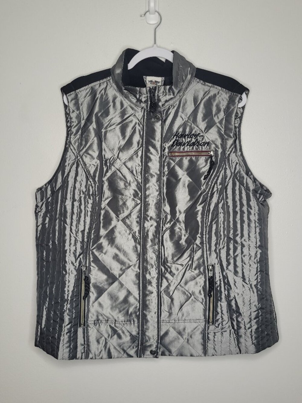 Harley Davidson women's gray black zip front vest pockets biker size 2x